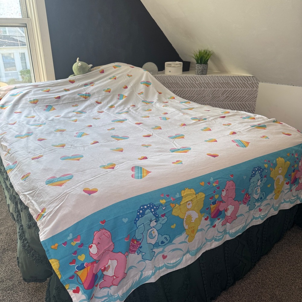 Vintage Care Bears Twin Flat Sheet Franco Manufacturing Rainbow Hearts 80s Retro
